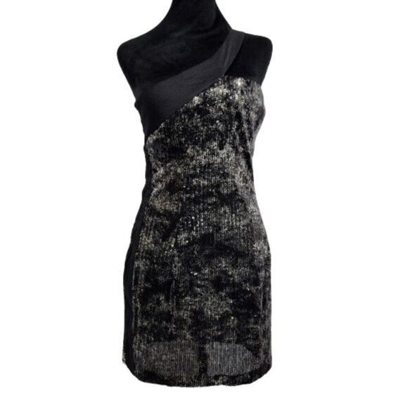 Jessica McClintock One Shoulder Strap Sequined Black and Gray Dress Women's 10 - Picture 2 of 8